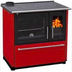 Kachľový sporák Plamen 850 Glas, s výhrevným výkonom 8-11kW, pravá strana, v červenom farebnom prevedení 